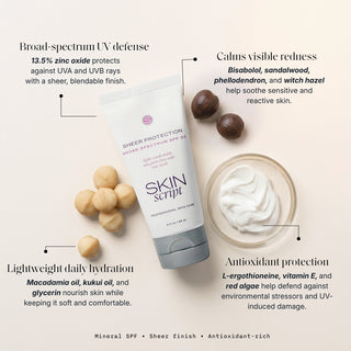 Skin Script Sheer Protection SPF 30 tube with macadamia and cream swatch – zinc oxide mineral sunscreen for sensitive skin