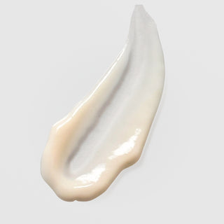 Skin Script Tri-Peptide Eye Cream texture swatch showing rich pearlescent cream with warm beige and white tones on grey background.
