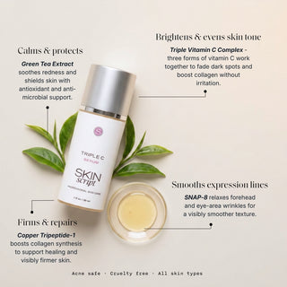 Skin Script Triple C Serum bottle with green tea leaves and golden swatch – triple vitamin C brightening serum for dark spots