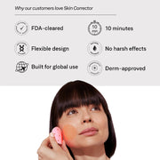 Omnilux Mini Skin Corrector feature callout graphic highlighting FDA-cleared, flexible silicone design, built for global use, 10-minute treatment time, no harsh effects, and dermatologist-approved, with a woman holding the glowing device against her cheek.