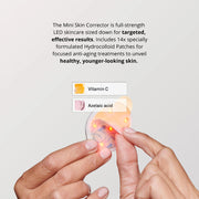 Omnilux Mini Skin Corrector infographic describing it as full-strength LED skincare sized down for targeted results, including 14 hydrocolloid patches formulated with vitamin C and azelaic acid, with hands peeling a hydrocolloid patch from the illuminated round device.