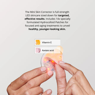 Omnilux Mini Skin Corrector infographic describing it as full-strength LED skincare sized down for targeted results, including 14 hydrocolloid patches formulated with vitamin C and azelaic acid, with hands peeling a hydrocolloid patch from the illuminated round device.