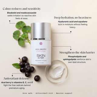 Skin Script Acai Berry Moisturizer jar with acai berries and green leaves – antioxidant barrier moisturizer for reactive skin