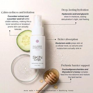 Skin Script Cucumber Hydration Toner bottle with cucumber and honey dipper – soothing toner for sensitive and acne-prone skin