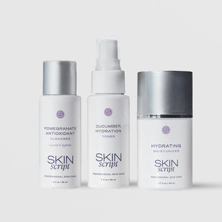 Skin Script Fully Quenched Travel Kit featuring three bottles: Pomegranate Antioxidant Cleanser 2oz, Cucumber Hydration Toner 2oz, and Hydrating Moisturizer 1.7oz on light gray background