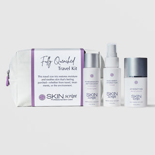 Skin Script Fully Quenched Travel Kit with white cosmetic bag and three travel-size products: Pomegranate Antioxidant Cleanser, Cucumber Hydration Toner, and Hydrating Moisturizer