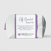 Skin Script Fully Quenched Travel Kit white cosmetic bag with purple zipper and branded band, hydrating skincare trio for dry and parched skin