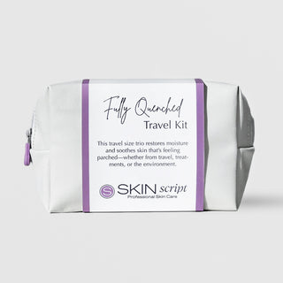 Skin Script Fully Quenched Travel Kit white cosmetic bag with purple zipper and branded band, hydrating skincare trio for dry and parched skin