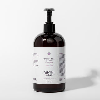 Skincare bottle labeled 'Green Tea Citrus Cleanser' by 'Skin Script' on a white background