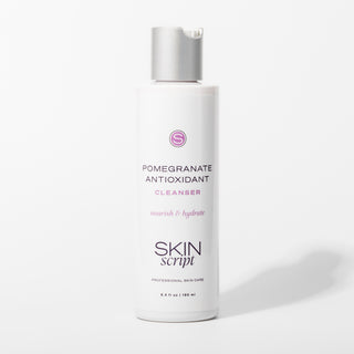 Skincare bottle labeled 'Pomegranate Antioxidant Cleanser' by 'Skin Script' on a white background