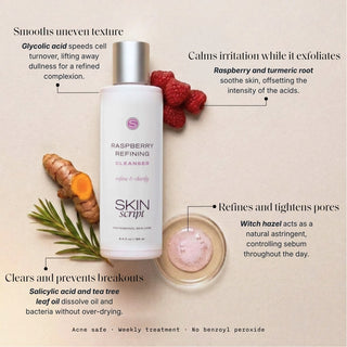 Skin Script Raspberry Refining Cleanser bottle with raspberries and turmeric – glycolic acid cleanser for acne-prone skin