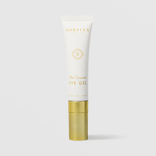 Sorella Apothecary Aloe Cucumber Eye Gel in a white tube with gold lettering and a gold cap, 0.5 fl oz / 15 ml, displayed upright against a light gray background.
