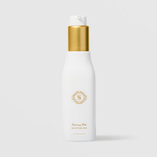 Sorella Apothecary Blueberry Milk Moisturizer 3 fl oz in a white pump bottle with gold collar on a light gray background