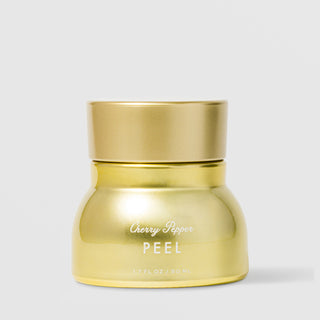 9:15 AMClaude responded: Sorella Apothecary Cherry Pepper Peel (1.Sorella Apothecary Cherry Pepper Peel (1.7 fl oz / 50 ml) in a metallic gold jar with a wide gold lid and white lettering, displayed against a light gray background.