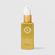 Sorella Apothecary Facial in a Bottle 1 fl oz in a gold metallic pump bottle with white ornate logo on a light gray background
