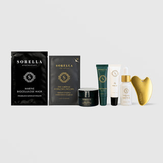 Sorella Apothecary Glow Holiday Set: mask, eye patches, cleanser, Pear Enzyme Glaze, The Balm, Facial Nectar, gua sha