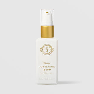 Sorella Apothecary Lemon Lightening Serum 1 fl oz in a white pump bottle with gold collar on a light gray background