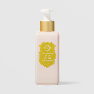 Sorella Apothecary Lychee Willow Bark Deep Clean 5.7 fl oz in a blush pink pump bottle with gold collar and yellow-green shield label on a light gray background