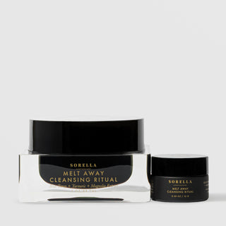 Sorella Apothecary Melt Away Cleansing Ritual shown in both 3 oz and 0.5 oz travel size black jars on a light gray background