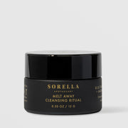 Sorella Apothecary Melt Away Cleansing Ritual 0.5 oz travel size in a matte black jar with gold label on a light gray background