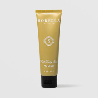 Sorella Apothecary Mint Poppy Seed Polish 2 oz in a gold tube with black cap on a light gray background