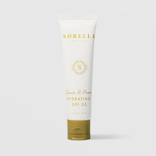 Sorella Apothecary Quench and Protect Hydrating SPF 30 2 oz in a white tube with gold cap on a light gray background