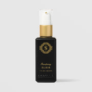 Sorella Apothecary Resurfacing Elixir Serum 1 fl oz in a matte black pump bottle with gold collar on a light gray background