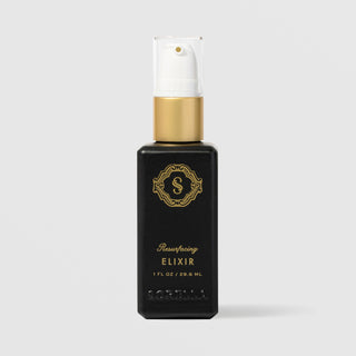 Sorella Apothecary Resurfacing Elixir Serum 1 fl oz in a matte black pump bottle with gold collar on a light gray background