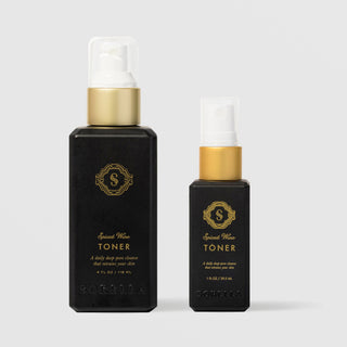 Sorella Apothecary Spiced Wine Toner shown in both 4 fl oz and 1 fl oz black pump bottle sizes on a light gray background