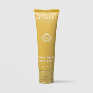 Claude responded: Sorella Apothecary Sorella Apothecary Tropical Topical Matte SPF 30 2 oz in a golden yellow tube with matching cap on a light gray background