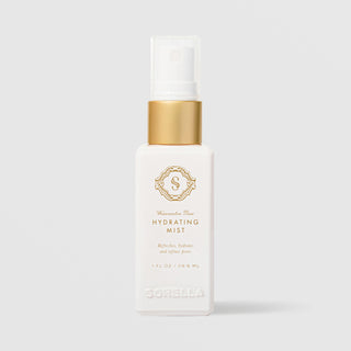 Sorella Apothecary Watermelon Mint Hydrating Mist 1 fl oz in a white pump bottle with gold collar on a light gray background