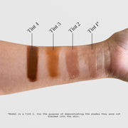 Sorella Apothecary Tinted Dew Drops SPF 50 shade range arm swatches Tints 1–4 shown on light-medium skin tone, unblended for shade comparison