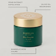 Sorella Apothecary Pear Enzyme Glaze (2 fl oz / 59 ml) in a deep green matte jar with a gold lid, with callouts highlighting key ingredients: pear extract to exfoliate, olive oil to nourish, and mandelic acid to calm, displayed against a light gray background.