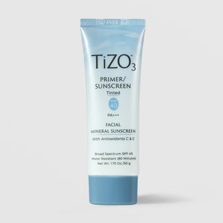 TiZO3 Primer Sunscreen Tinted SPF 40 PA+++ facial mineral sunscreen 50g in light blue squeeze tube with antioxidants C and E