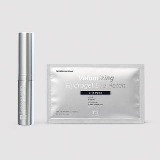 TOV HOP+ Volume Boost Spicule Eye Cream silver tube beside Volumizing Hydrogel Eye Patch packet with PDRN PLLA peptides and niacinamide