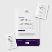 TOV House of Pilla 24K Gold Volumizing Sheet Mask pouch with PLLA Pro Micro Peel Weekly Refiner sachet and CaviPLLA Plus O2 sachet, product range flatlay on grey background