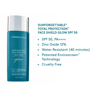 Colorescience Sunforgettable Total Protection Face Shield Glow SPF50 key features infographic showing SPF50 PA++++, Zinc Oxide 12%, water resistant 40 minutes, patented Enviroscreen Technology and cruelty free