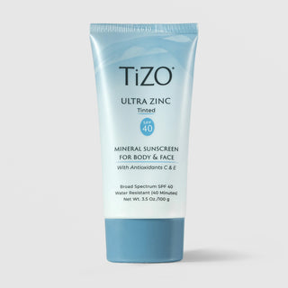 TiZO Ultra Zinc Tinted SPF 40 mineral sunscreen 100g in light blue squeeze tube for body and face with antioxidants C and E