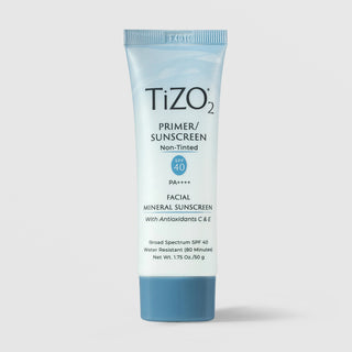 TiZO2 Primer Sunscreen Non-Tinted SPF 40 PA++++ facial mineral sunscreen 50g in light blue squeeze tube with antioxidants C and E