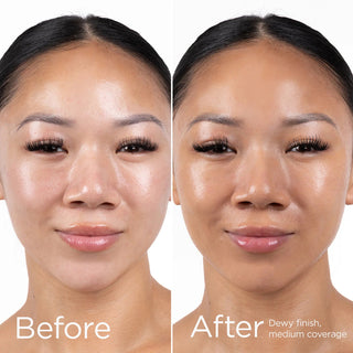 EltaMD UV AOX Elements SPF 50 before and after – dewy medium coverage tinted finish on light to medium skin tone