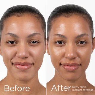 EltaMD UV AOX Elements SPF 50 before and after – dewy medium coverage tinted finish on medium to deep skin tone