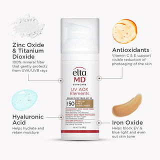 EltaMD UV AOX Elements SPF 50 with ingredient swatches – zinc oxide hyaluronic acid and vitamin C tinted mineral sunscreen