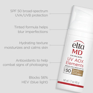 EltaMD UV AOX Elements SPF 50 with key benefits – tinted UVA UVB protection blocks blue light and hydrates all skin types