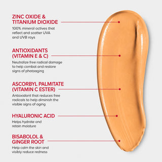 EltaMD UV AOX Elements SPF 50 tinted swatch with ingredient callouts – zinc oxide vitamin C hyaluronic acid and bisabolol