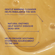 Close-up of iS Clinical Warming Honey Cleanser golden honey texture with key benefits: gentle warming cleanser helps rebalance skin, natural enzymes gently dissolve dead skin, and soothing hydrating nourishment