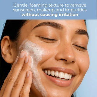 Woman applying EltaMD Skin Recovery Amino Acid Foaming Cleanser lather to face, gentle non-irritating face wash