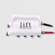 Lift by Jane Mann microcurrent sculpting probe white handheld device with silver ball electrodes and red black connector cables on grey background