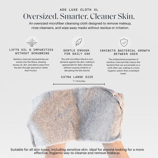 Art of Skin Care Luxe Cloth XL oversized microfiber cleansing cloth benefits infographic highlighting oil and impurity lifting, gentle daily use, antibacterial bamboo charcoal protection, and extra large 7x14 inch size for all skin types