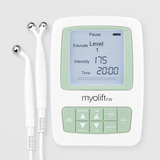 MyoLift TW triwave microcurrent device in white with a sage green LCD screen displaying Educate Level 1, Intensity 175, and Time 20:00, with green control buttons and two white handheld probes with silver ball tips, displayed against a light gray background.