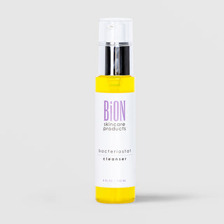 BiON Skincare Bacteriostat Cleanser 120ml in clear pump bottle with yellow formula and silver cap for acne-prone skin